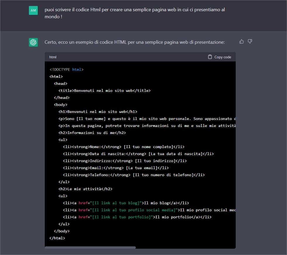 Grazie a chatGpt si può far generare il codice il codice html per creare una semplice pagina web