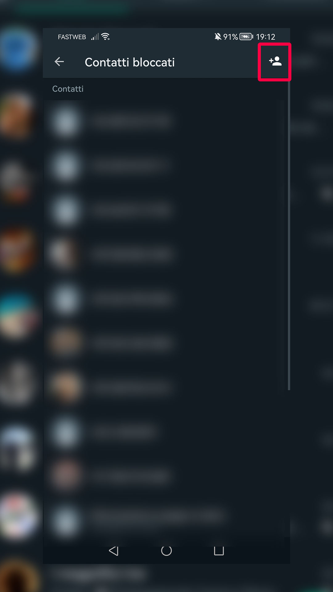 Fare click su "Aggiungi" per scegliere quale contatto bloccare