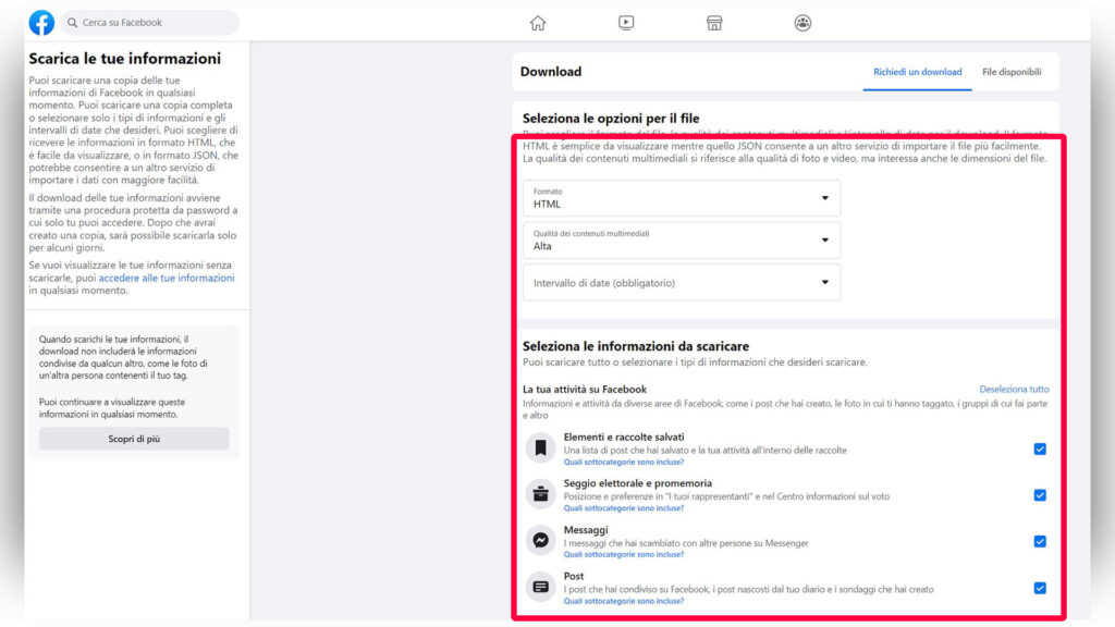Step 3 - Impostare quali dati scaricare, il formato da usare (Html o Json) e l'intervallo temporale