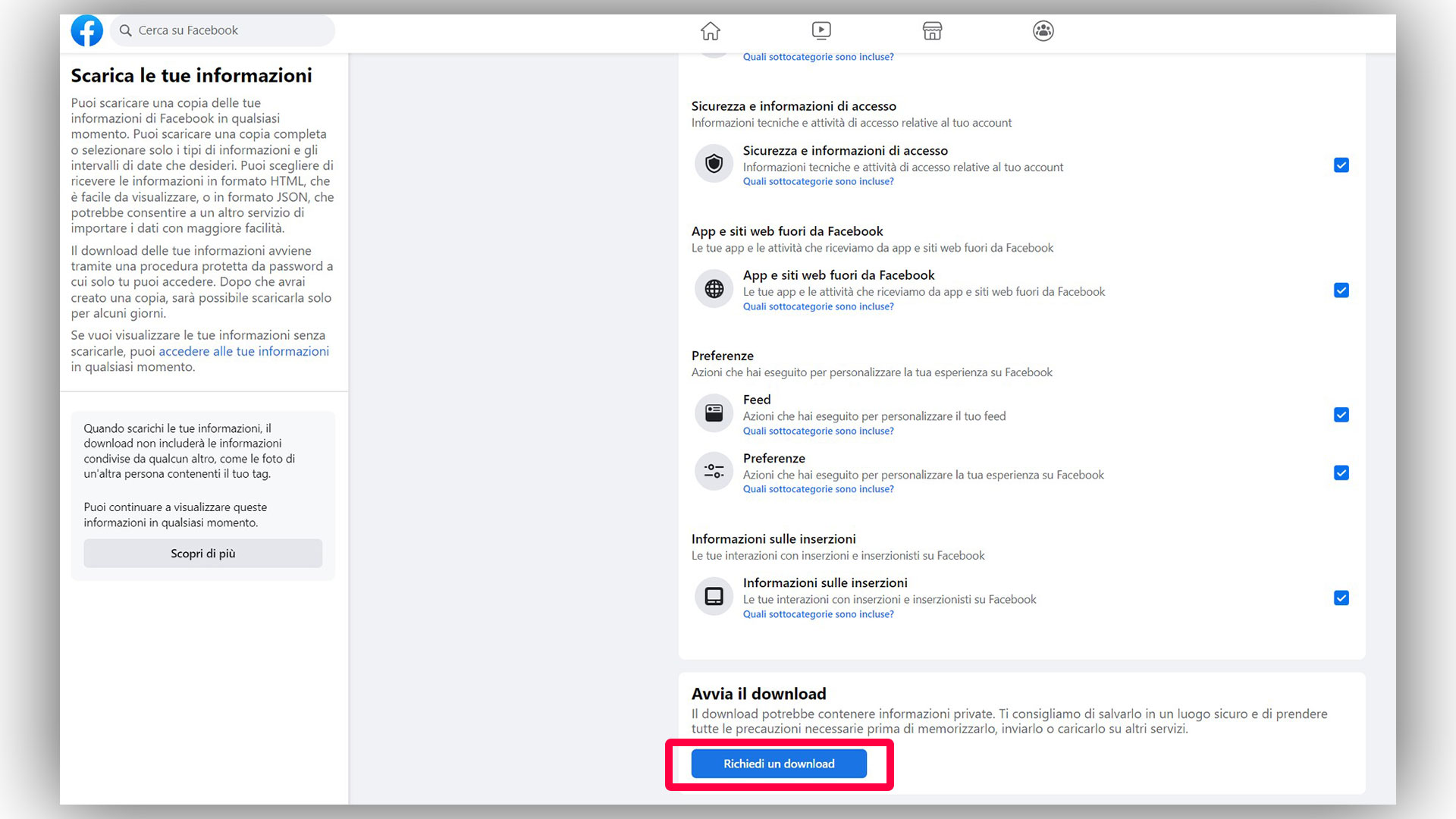 Cliccare sul bottone "Richiedi un Download"