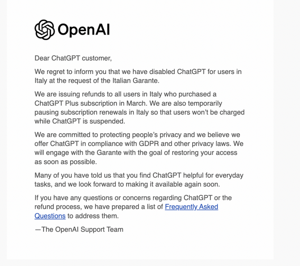 Bloccata chatGpt in Italia su richiesta del garante della privacy. il messaggio di openAI agli utenti italiani