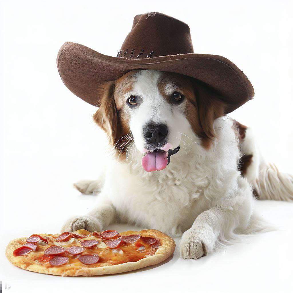 Un cane con cappello da Cowboy e una pizza. Immagine generata da Bing Creatore di immagini - Microsoft