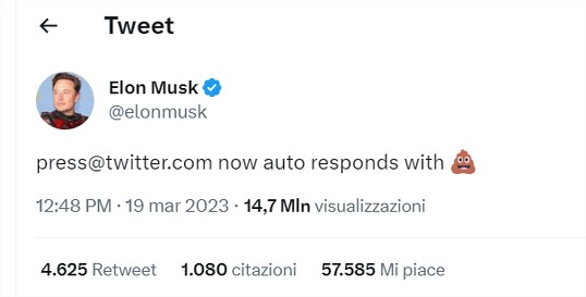 Elon musk annuncia su twitter che risponderà ai giornalisti con un'amoji cacca