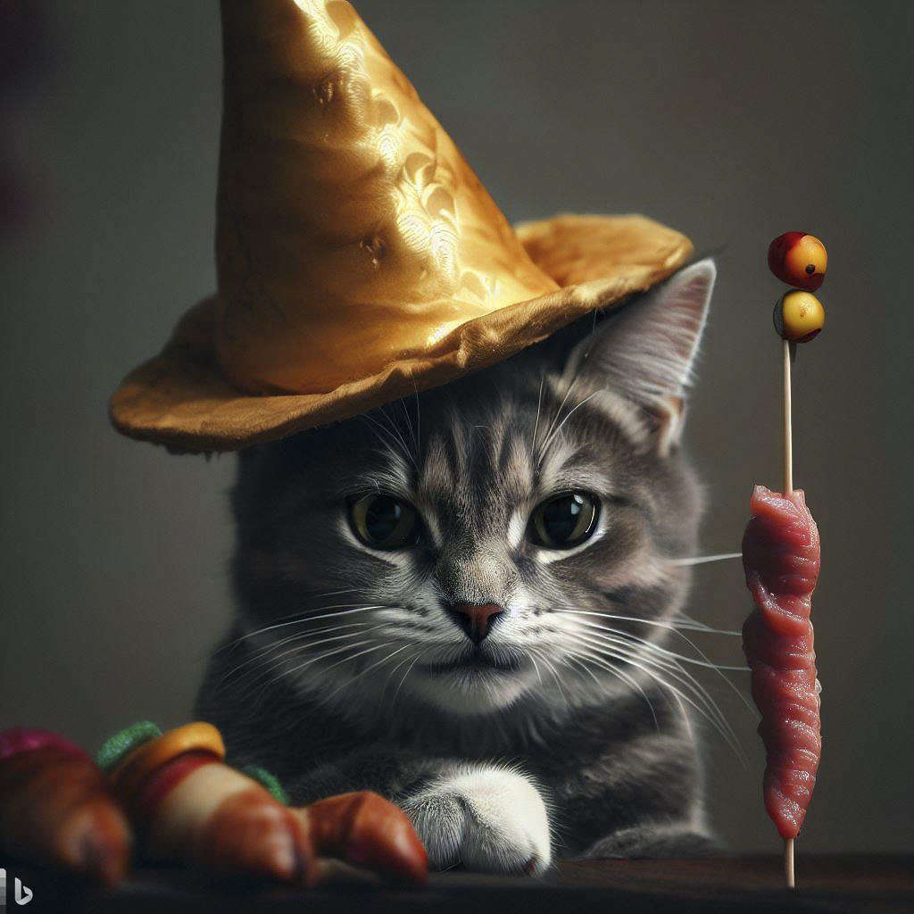 Un gatto con cappello e Kebab. Immagine creata dall'intelligenza artificiale di Bing Image Creator
