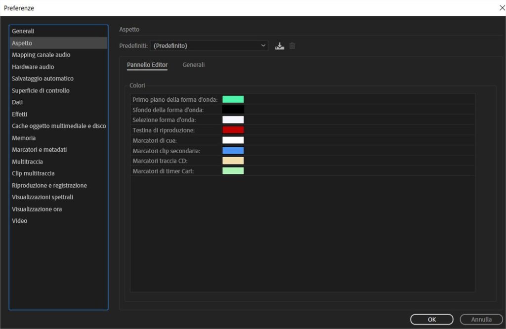 Personalizzare l'interfaccia di Adobe Audition: colori dell'editor