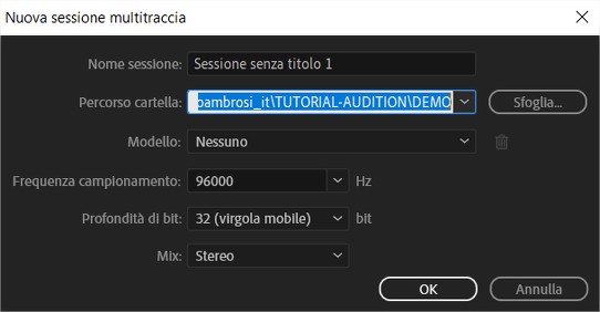 Impostazioni per creare progetto multitraccia in Aadobe Audition