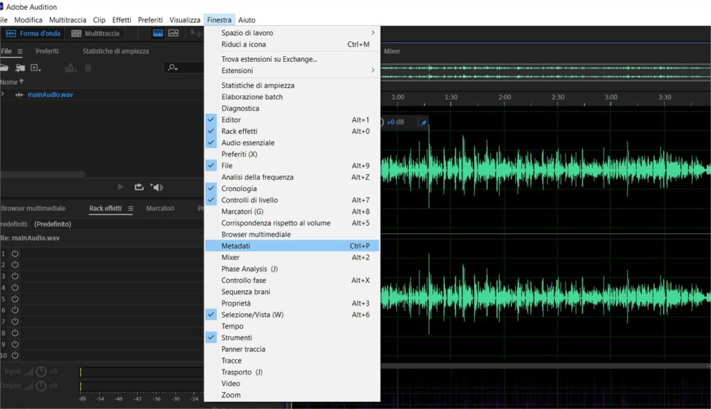 Usare l'interfaccia di Adobe Audition: aprire pannelli e strumenti di lavoro