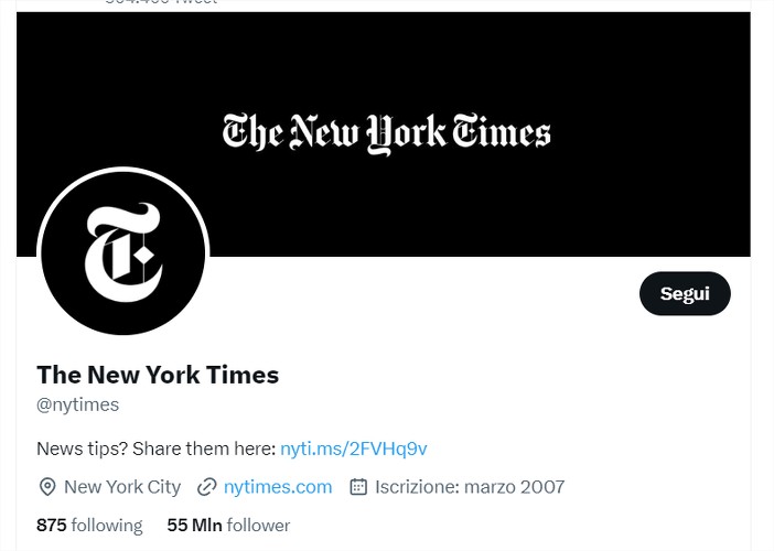 Il New York Times perde la spunta blu su twitter: non ha pagato il nuovo servizio Twitter Blue
