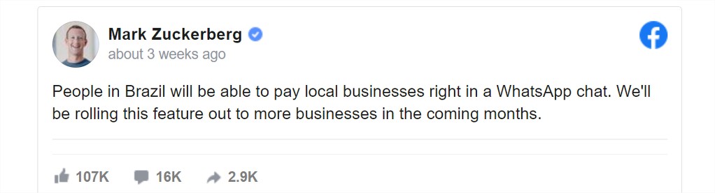 Con un post su Facebook Mark Zuckerberg annuncia la possibilità per gli utenti del Brasile di pagare usando whatsapp