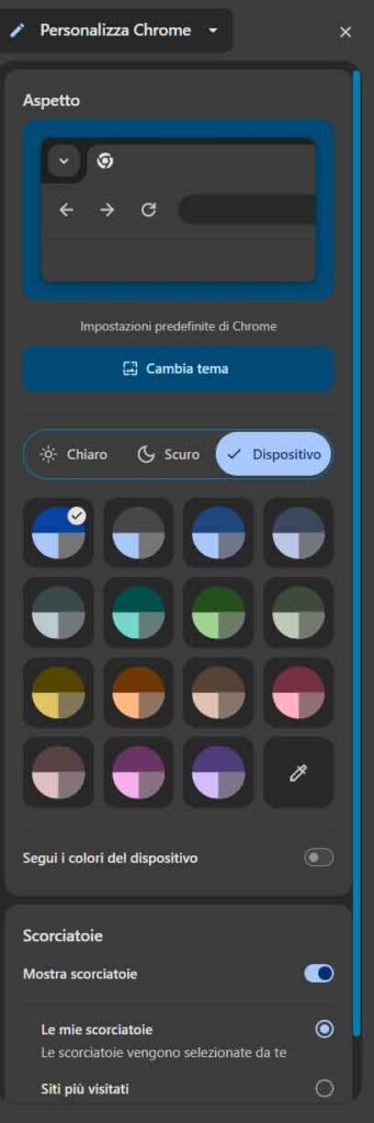 Pannello per personalizzare l'aspetto di Google Chrome
