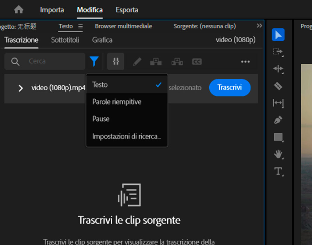 Aggiornamento dicembre 2023 di Adobe Premiere Pro (versione 24.1) -  rilevamento parole di riempimento e indecisioni