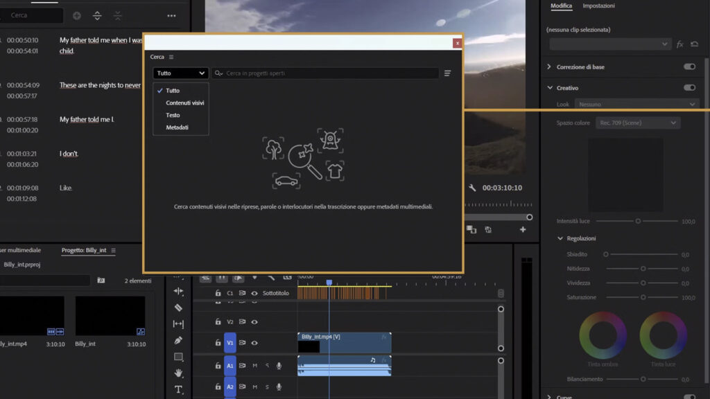 Analisi file multimediali AI - Novità Adobe Premiere 2025